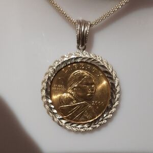 Genuine USA SACAGAWEA ONE DOLLAR COIN Pendant Necklace Solid Sterling Silver